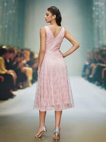 Women's Summer Elegant V-Neck Sleeveless Printed Mesh Striped Flared Hem Luxury Mid-Length Evening Dress, Suitable For Spring Party, Ball, Festival, Wedding Guest Occasions - Pink - View 3
