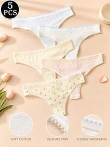 5pcs Women's Panties Set, Minimalist Cute Cotton Panties, Floral Hollow-Out Thong - Multicolor - View 1