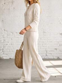 Women's Crew Neck Long Sleeve Knit Sweater & Wide Leg Pants Set, Autumn/Winter - Off White - View 5