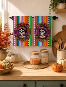 2pcs/4pcs Day Of The Dead Catrina Skull Print Kitchen Towels, Mexican Floral Gold Trim Dish Cloths, Multi-Purpose Household Cleaning Rags, Holiday Decoration Gift - Multicolor - View 2