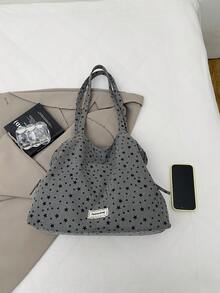 1 buah Tas Tote Corduroy Kapasitas Besar Motif Bintang Abu-abu untuk Wanita - Grey - View 4