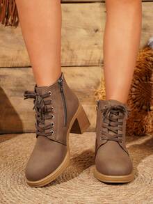 1 Pair Women's Brown Chunky Heel Ankle Boots, Lace-Up Side Zipper Buckle Round Toe Fashion Ankle Boots - Brown - View 6