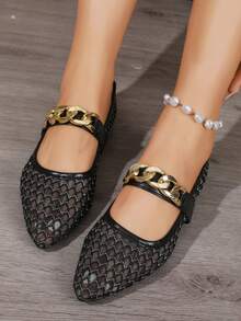 Hollow Mesh Low Vamp Women's Pointed Toe Metal Chain Buckle Soft Sole Comfortable Flat Shoes For Commuting - Black - View 6