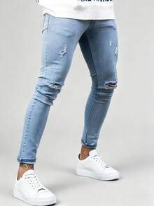 Men's Distressed Design Casual Versatile Everyday Travel Jeans - Medium Wash - View 3