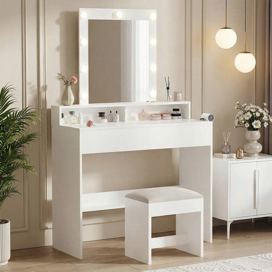 DEVOKO Dressing Table 2 Drawer&Mirror Bedroom Set Makeup Vanity Cosmetics Storage Desk Dresser Furniture White - White - View 1