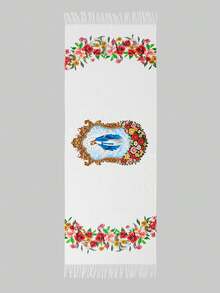 1pc Women's Rose Print Tassel Shawl With Virgin Mary Pattern, Suitable For Daily Wear - White - View 3