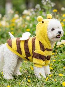 Cute Bee Design Plush Pet Hooded Costume Set With Wings And Antennae, D-Ring On Back For Leash Attachment, Warm Cosplay Pet Clothing For Autumn/Winter, Suitable For Small And Medium Cats And Dogs, Indoor And Outdoor Use - Yellow - View 15