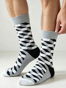 1/3/6 Pairs Men's Retro Geometric Argyle Mid-Calf Socks, Soft Breathable Classic Color Block Design Dress Socks, Suitable For Daily Casual Wear And Office - Multicolor - View 3