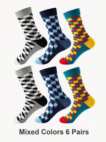 1/3/6 Pairs Men's Retro Geometric Argyle Mid-Calf Socks, Soft Breathable Classic Color Block Design Dress Socks, Suitable For Daily Casual Wear And Office - Multicolor - View 11