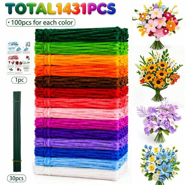 Juego de tallos de chenilla hechos a mano 731/1431 piezas, 14 colores mixtos, incluye 30 tallos de flores y tarjeta de instrucciones DIY, alta densidad esponjosa y flexible, adecuado para ramos DIY, decoración festiva, Navidad, Halloween, Pascua, regalos hechos a mano