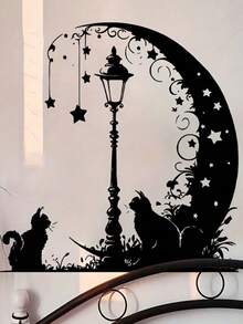 Black Moon Aesthetic Pattern Street Lamp Cat Wall Sticker, Decorative Bedroom Living Room Kitchen Dining Room Self-Adhesive Painting, Removable PVC Wall Decal - B - View 2