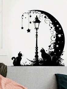 Black Moon Aesthetic Pattern Street Lamp Cat Wall Sticker, Decorative Bedroom Living Room Kitchen Dining Room Self-Adhesive Painting, Removable PVC Wall Decal - B - View 5