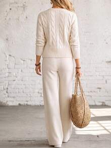 Women's Crew Neck Long Sleeve Knit Sweater & Wide Leg Pants Set, Autumn/Winter - Off White - View 7
