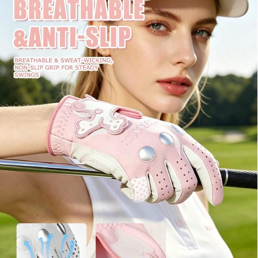 Sarung Tangan Golf Wanita Warna Pink, Sepasang, Anti Selip, Bernapas, Tahan Lama, Modis - Berwarna merah muda - View 1