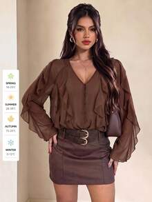 Camisa beige versátil, casual y de oficina con volantes asimétricos y semitransparentes, adecuada para citas, uso diario, vacaciones en la playa. Los volantes añaden suavidad, se puede combinar con vaqueros para looks festivos y con faldas para ir a la oficina de manera elegante. - Marrón - Ver 4
