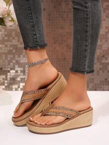Women Double‑Buckle Rhinestone Wedge Slide Sandals, Open‑Toe Slip‑On Woven Platform Summer Slippers - Brown - View 3