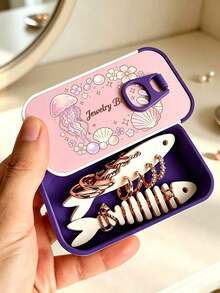 Jewelry Storage Box, Cute Jellyfish & Shell Print Small Accessory Organizer, Portable Travel Mini Jewelry Box With Fishbone Divider And Snap Closure, Compartmentalized Storage For Earrings, Rings, Necklaces, Suitable For Commuting, Short Trips, Dorm Desk, Vanity Organization, Ideal For Delicate Girls, Students, Jewelry Lovers, Qixi Festival, Birthday, Best Friend Gift, Portable Earring Box, Mini Jewelry Organizer, Cartoon Fishbone Jewelry Box, Travel Small Jewelry Storage Box - Multicolor - View 9
