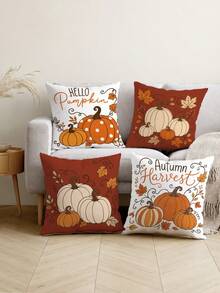 Autumn Vintage Brown Pumpkin Pattern Cushion Cover 4-Piece Set, Single-Sided Printed Peach Skin Polyester Fabric, 45*45CM Throw Pillow Covers For Modern Fabric Sofa Indoor Decor, Party Decoration, Gift Giving - Multicolor - View 4