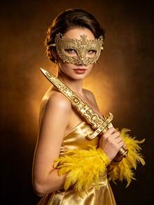 Adult Makeup Party Accessory Set, Hollow Sequin Half-Face Mask, Fluffy Feather Cuffs, Decorative Sword, Suitable For Halloween Stage Performances - Multicolor - View 3