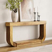 LITTLE TREE 70.9-Inch Console Table For Entryway, Extra Long Narrow Sofa Table, 2-Tier Brown Wooden Console Sofa Table With Heavy Duty U-Shaped Pedestal, Large Hallway Foyer Table For Living Room - Brown - View 11