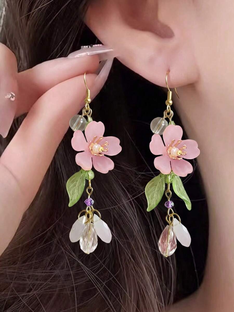 2pcs Romantic Elegant Pink Floral Waterdrop Long Tassel Dangle Earrings, Casual & Leisure Holiday