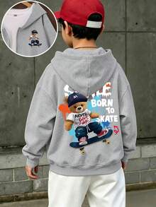 1pc Boys Hooded Jacket, Bear Skateboard Print, Fashionable Cartoon Playful Style, Autumn/Winter Big Kids Boys Top - Grey - View 5