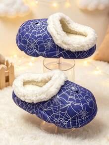 Boy's And Girl's Children's Spider-Web Pattern Fleece Slip-On Slip-On Shoes With Holes. Children's Warm Home Shoes, Suitable For Daily Use At Home. - Blue - View 4
