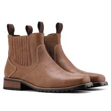 Vintage Western Style Men's Cowboy Chelsea Boots, Square Toe Elastic Slip-On Short Ankle Boots With Chunky Heel - Brown - View 3