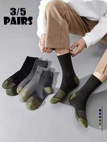 3/5 Pairs Men's Outdoor Hiking Wear-Resistant Mid-Calf Socks, Breathable Non-Slip Thick Cushioned Cotton Socks For Hiking, Camping And Sports - Multicolor - View 2
