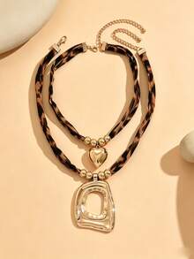 2pcs Double Layer Leopard Print Fabric Rope Choker Necklace, Textured Heart Metal Pendant Women's Accessory, Suitable For Daily Wear - Multicolor - View 4
