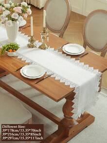 White Water‑Soluble Lace Table Runner, Solid Plain Polyester Table Runner With Geometric Fan‑Shaped Lace Trim, Boho Farmhouse Dining Table Decor For Party Wedding Home Decoration - White - View 2