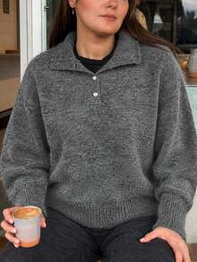 Women's Casual Regular Fit Dark Gray Notch Lapel Dropped Shoulder Metal Button Half-Placket Knit Sweater, Solid Color Top, Suitable For Social Outings, Autumn/Winter - Dark Grey - View 5
