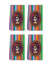2pcs/4pcs Day Of The Dead Catrina Skull Print Kitchen Towels, Mexican Floral Gold Trim Dish Cloths, Multi-Purpose Household Cleaning Rags, Holiday Decoration Gift - Multicolor - View 10