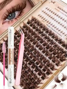 Sibeuna 2-In-1 Brown Eyelash Cluster Set, 100D/150D Soft Fluffy Individual Lashes & Lower Lashes, Includes Bond&Seal Glue, Tweezers, DIY Makeup, 190/220pcs Natural Voluminous Eyelash Extension Set, Longer Lasting Curly Charming Individual False Eyelash Set - Multicolor - View 13