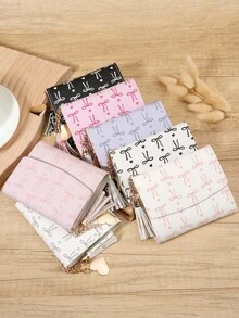 Fashion Bow Printed Women's Short Wallet, Portable Metal Heart-Shaped Tassel Decoration Three Fold Wallet, Suitable For Outdoor And Travel - Pink - View 3