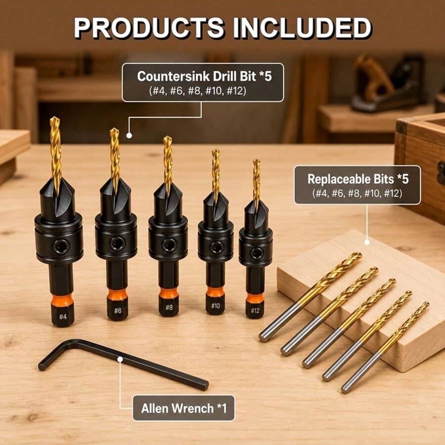 Set Mata Bor Countersink 11 Buah, Mata Bor Kayu HSS yang Dapat Diatur Termasuk Ukuran #4, #6, #8, #10 dan #12 dengan Tangkai Heksagonal 1/4 Inci untuk Furnitur, Kabinet, Pertukangan dan Proyek Kayu DIY
