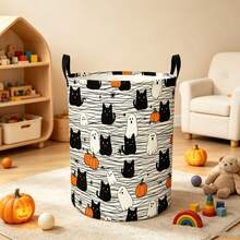 1PC Cute Halloween Print Storage Basket With Handles, Black Cat Ghost Pumpkin Spider Web Pattern Household Organizer Bin, Suitable For Multi‑Purpose Storage Of Clothes Sundries, Home And Room Decor - Black, White and Gray - View 1