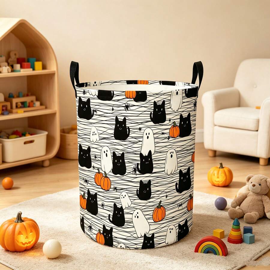 1PC Cute Halloween Print Storage Basket With Handles, Black Cat Ghost Pumpkin Spider Web Pattern Household Organizer Bin, Suitable For Multi‑Purpose Storage Of Clothes Sundries, Home And Room Decor - Black, White and Gray - View 1
