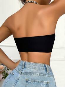 Black Ribbed Front-Clasp Bandeau Bra, One-Shoulder Bandeau Top, Front Hook Design, Removable Inserts - Multicolor - View 2