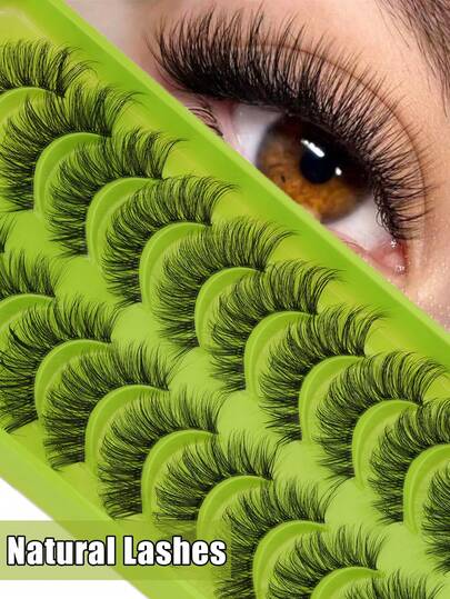 10 Pairs Transparent Stem Natural Fluffy 3D Fine Cat Eye Strip False Eyelashes, Soft Lightweight Manga Anime Style Reusable For Daily And Date Makeup