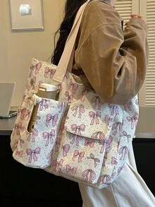1件多用途大容量多口袋蝴蝶結圖案托特包，適合旅行、購物、度假，可收納筆記本電腦、教科書、衣物 - 彩色 - 查看 6