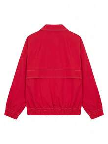Women's Pure Red Drop Shoulder Baseball Jacket, Casual Loose Street Style Top, Suitable For Spring And Autumn - Red - View 6