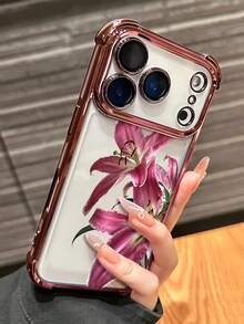 1件新款粉色百合花紋電鍍透明防摔軟 TPU 全包手機殼，適用於 iPhone 17 Pro、16e、16 Pro、15 Pro、14、13、12 和 11，簡約時尚防震軟殼，獨特創意，適合聖誕節、萬聖節、情人節、復活節、婚禮季和生日 - 粉色 - 查看 1
