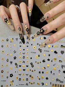 6Pcs Gold Sliver Flower Nail Stickers Set,Exquisite Luxury Five-Petaled Flower Bow Heart Music Note Piano Design Self‑Adhesive Nail Decals,DIY Manicure Decor Nail Art Accessories For Women Girls - Multicolor - View 2