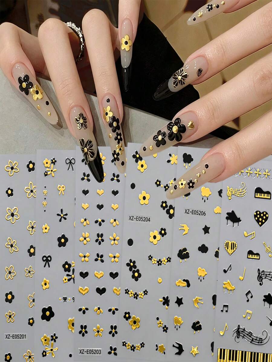 6Pcs Gold Sliver Flower Nail Stickers Set,Exquisite Luxury Five-Petaled Flower Bow Heart Music Note Piano Design Self‑Adhesive Nail Decals,DIY Manicure Decor Nail Art Accessories For Women Girls