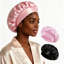 1pc Silk Sleep Cap, Women's Double Layer Satin Lining, Soft Elastic Band, Suitable For Curly Hair Sleep Wear - A - View 7