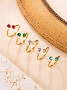 1/5pcs Double Colorful Rhinestone Open Ring For Women, Minimalist High-End Stainless Steel Non-Fading Zirconia Thin Ring, Stackable Decorative Finger Ring, Holiday Gift, Daily Commute Jewelry - Gold - View 3