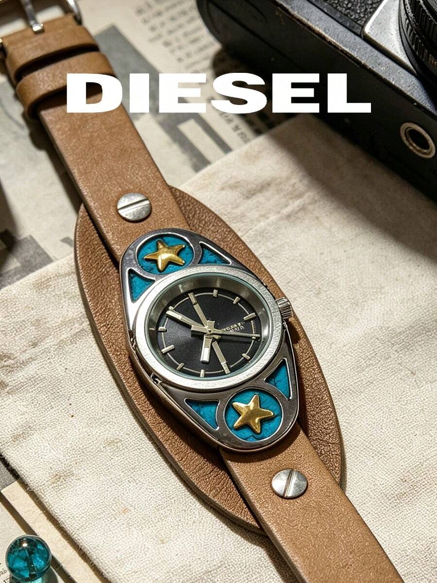 DIESEL Vintage Distressed Watch With Turquoise Star Decor, Brown Wide Leather Strap, Unique Niche Wristwatch - Black - View 1