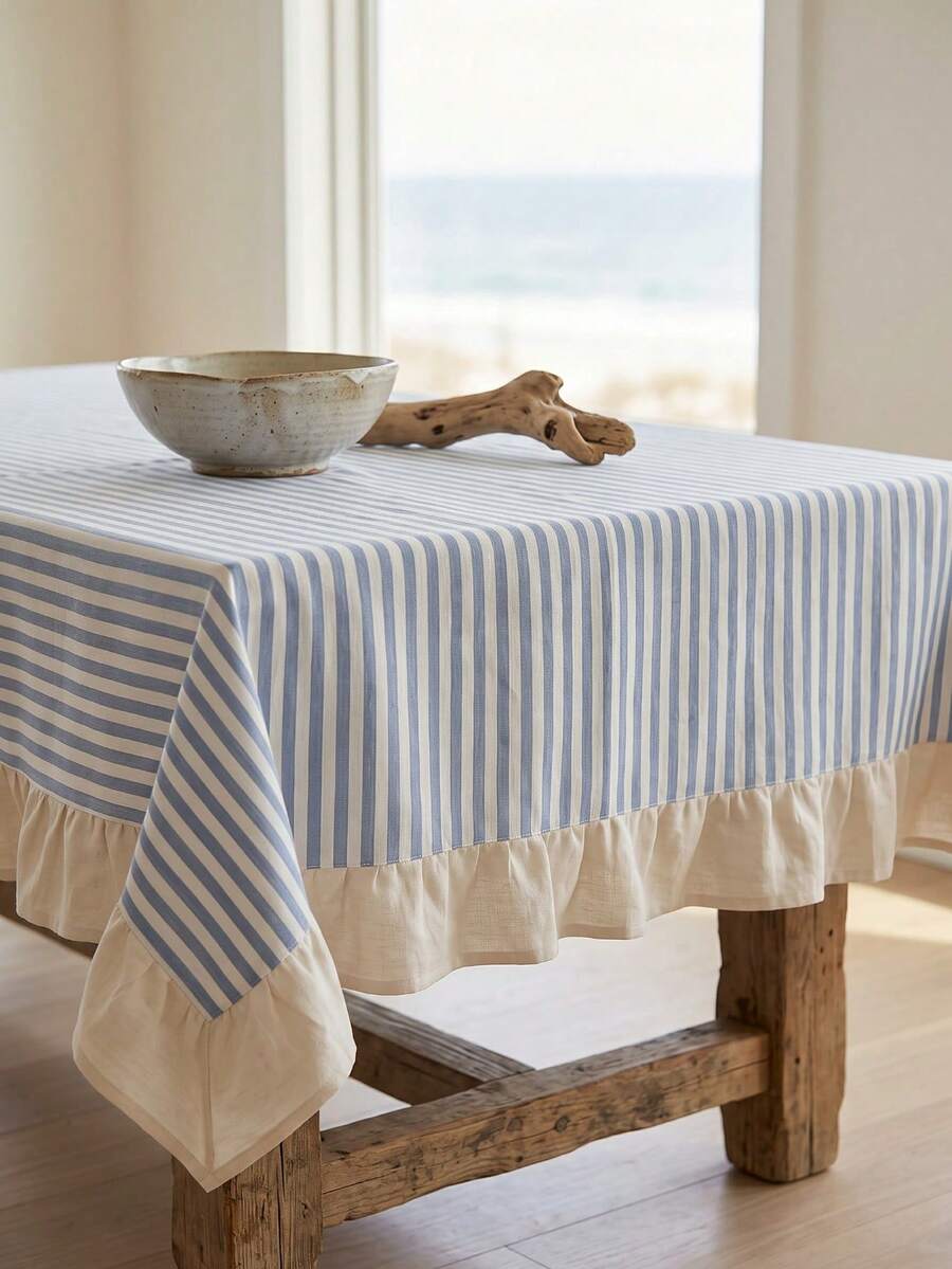 1pc Fresh Blue Striped Ruffle Edge Tablecloth, American Country Style Simple Decorative Dining Table Cloth, Rectangular Coffee Table TV Cabinet Entryway Multi-Functional Cover, Suitable For Holiday Party Birthday Party Wedding Dinner Table Decoration Room Decoration Office Desk Coffee Table Mat Outdoor Picnic Mat Home Decor Room Decoration All Season - Navy Blue - View 1