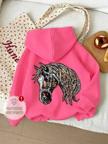 Western Cowboy Girl Style Pullover Sweatshirt, Luxurious Artistic Horse Head Back Print Loose Long Sleeve Sweatshirt, Spring/Autumn - Hot Pink - View 1